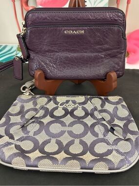 Coach Purple Leather Double Zip Wallet AND Signature Coach Pouch (Both)